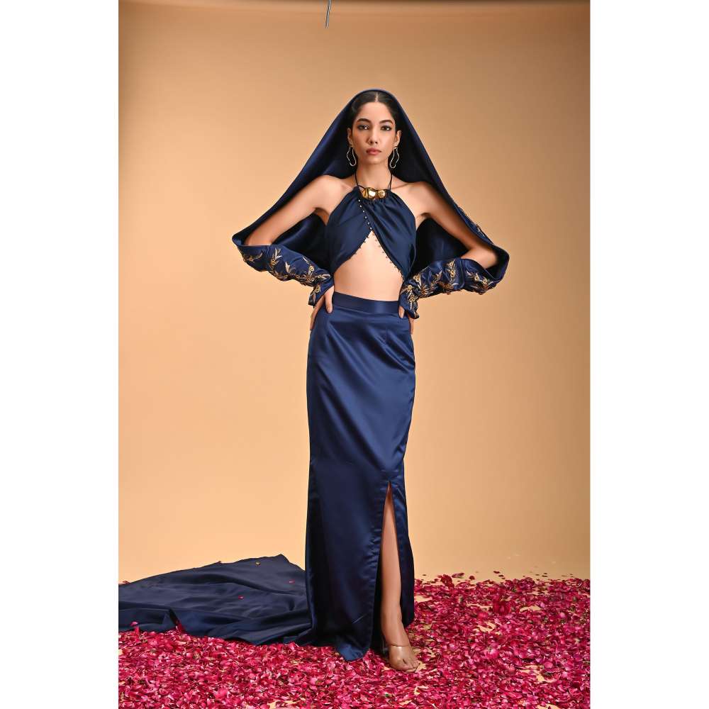 RIRASA Blue Embroidered Blouse with Skirt and Jacket (Set of 3)