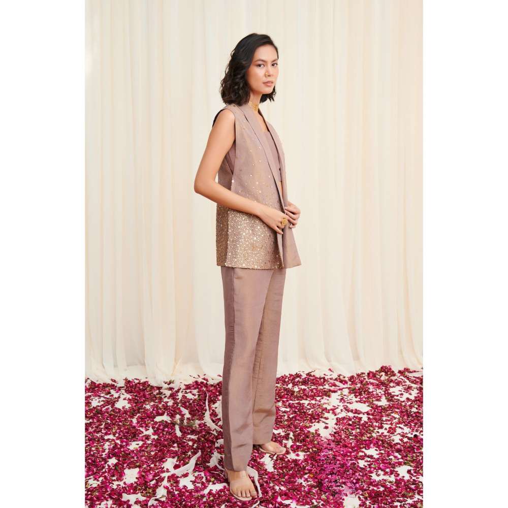 RIRASA Beige Crop Top with Pant and Jacket (Set of 3)