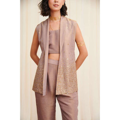 RIRASA Beige Crop Top with Pant and Jacket (Set of 3)