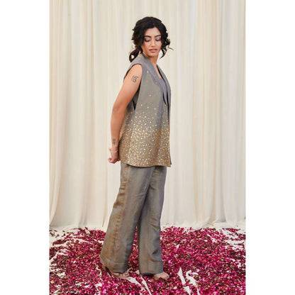 RIRASA Grey Embellished Crop Top with Jacket and Pant (Set of 3)