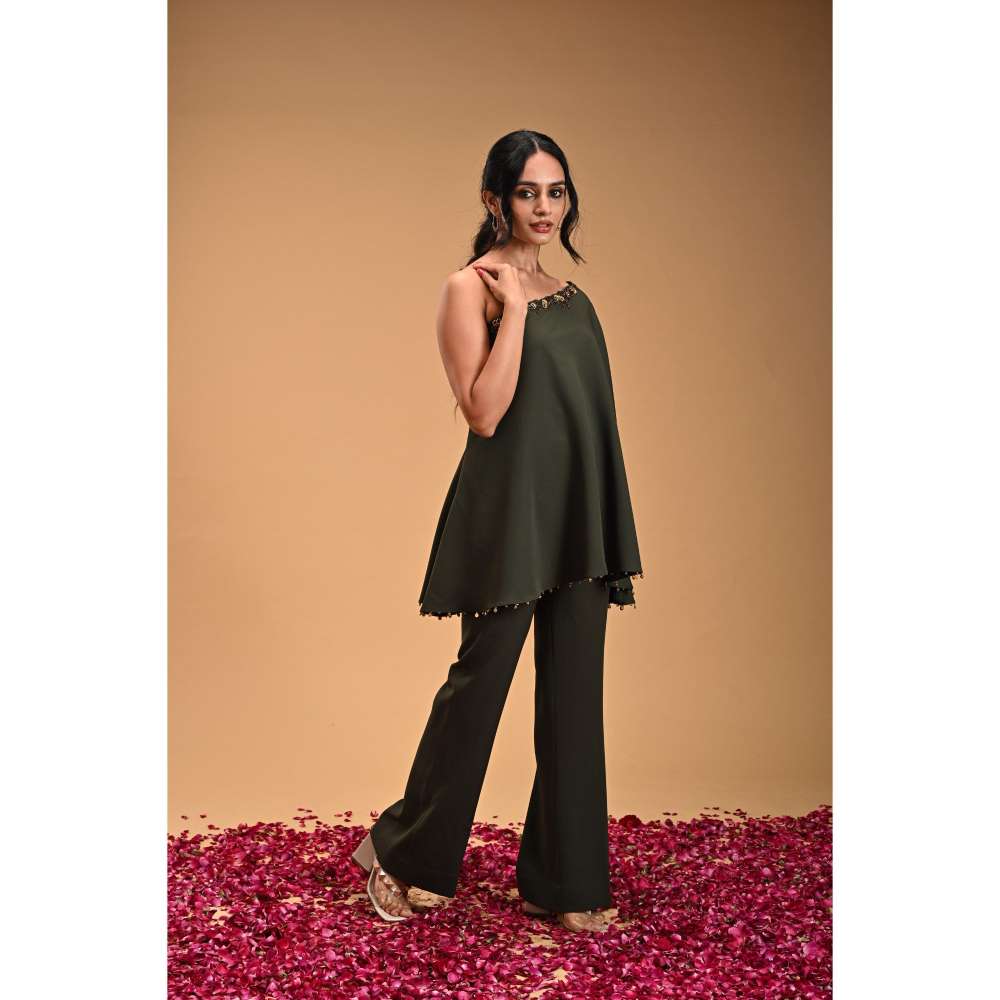 RIRASA Green Embroidered One Shoulder Top with Pant (Set of 2)
