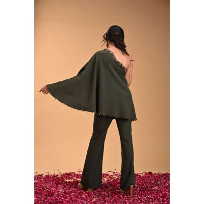 RIRASA Green Embroidered One Shoulder Top with Pant (Set of 2)
