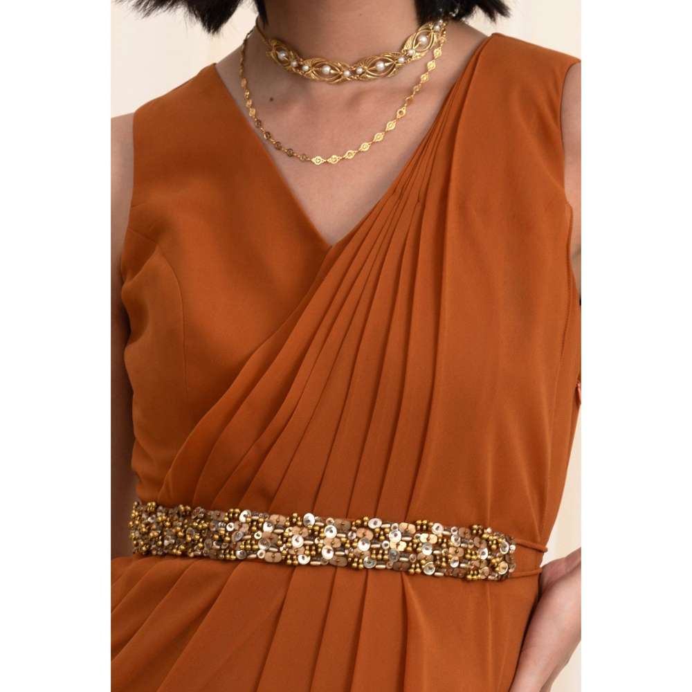 RIRASA Mustard V Neck Sleeveless Georgette Maxi Dress with Belt (Set of 2)