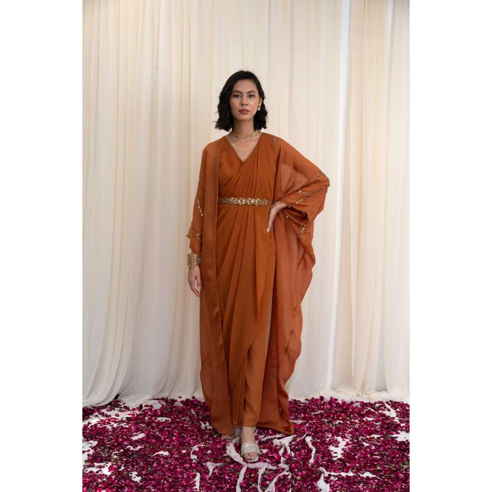 RIRASA Mustard Cape with V-Neck Georgette Maxi Dress and Belt (Set of 3)