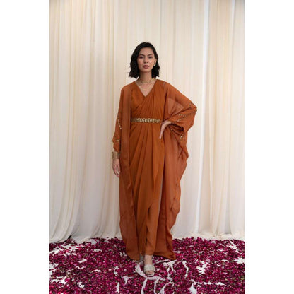 RIRASA Mustard Cape with V-Neck Georgette Maxi Dress and Belt (Set of 3)