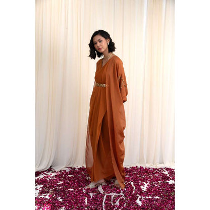 RIRASA Mustard Cape with V-Neck Georgette Maxi Dress and Belt (Set of 3)