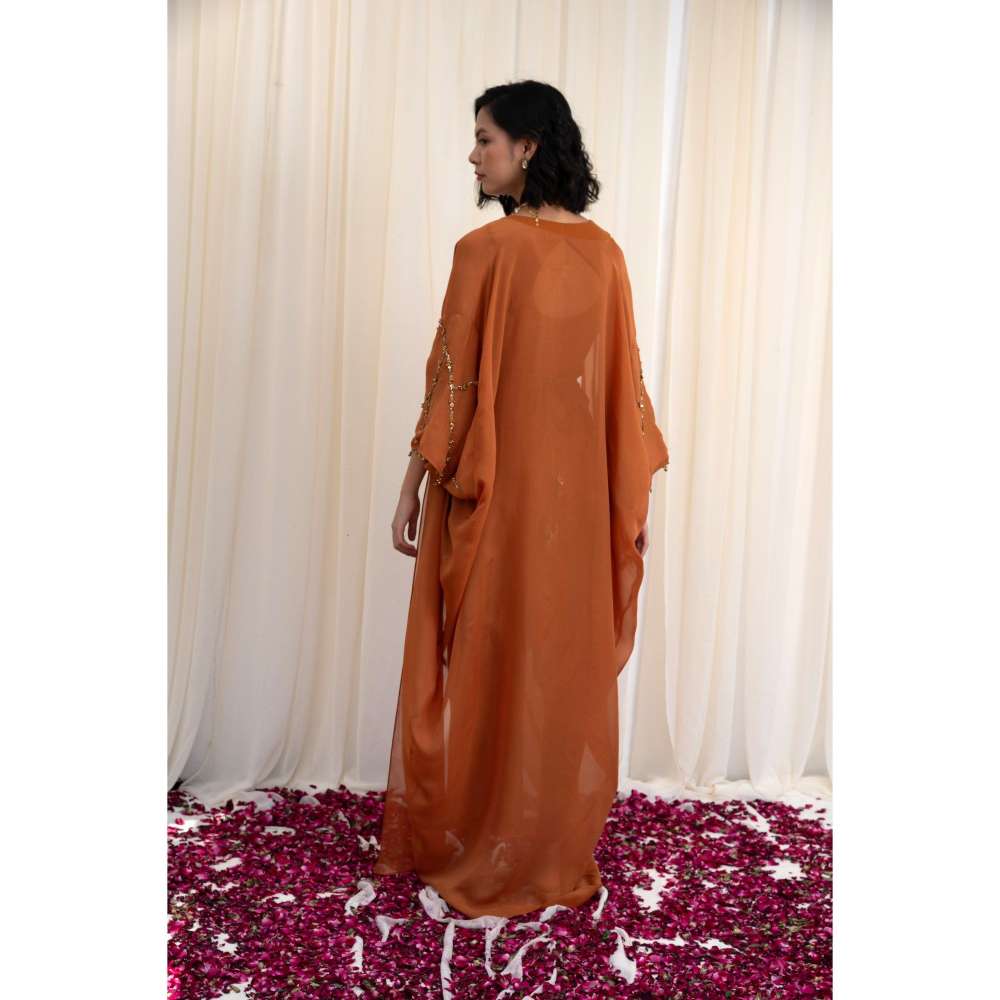 RIRASA Mustard Cape with V-Neck Georgette Maxi Dress and Belt (Set of 3)
