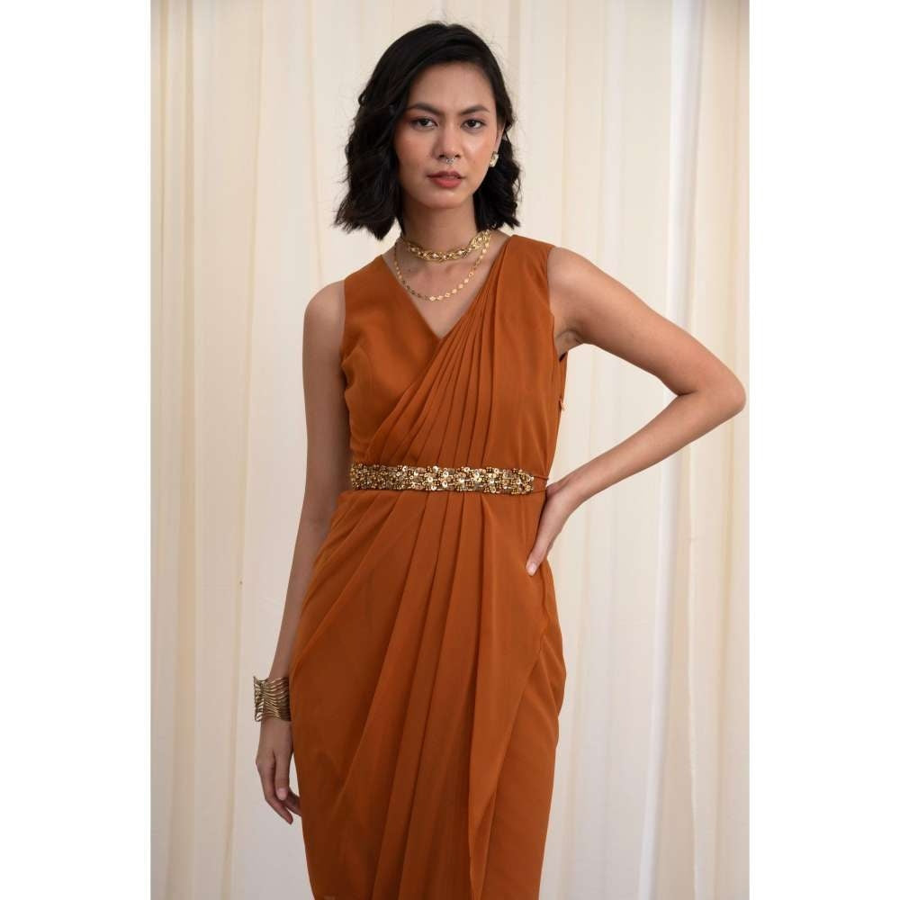 RIRASA Mustard Cape with V-Neck Georgette Maxi Dress and Belt (Set of 3)
