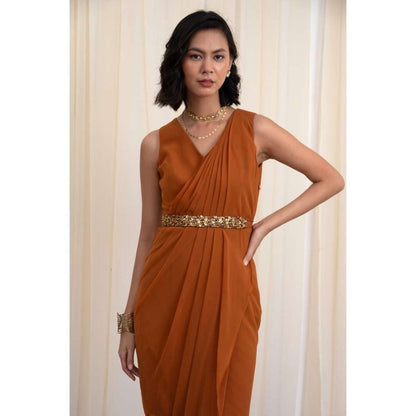 RIRASA Mustard Cape with V-Neck Georgette Maxi Dress and Belt (Set of 3)