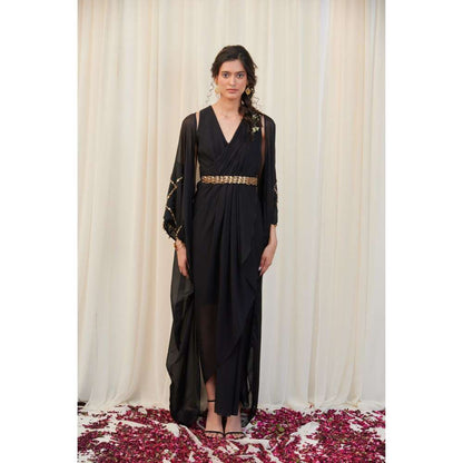 RIRASA Black Cape with V-Neck Georgette Maxi Dress and Belt (Set of 3)