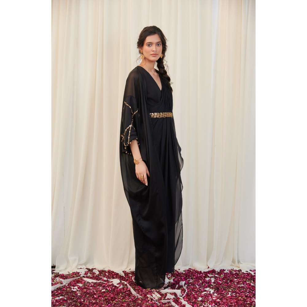 RIRASA Black Cape with V-Neck Georgette Maxi Dress and Belt (Set of 3)