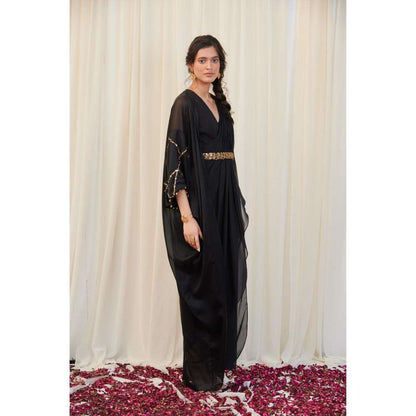 RIRASA Black Cape with V-Neck Georgette Maxi Dress and Belt (Set of 3)