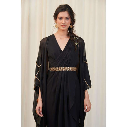 RIRASA Black Cape with V-Neck Georgette Maxi Dress and Belt (Set of 3)