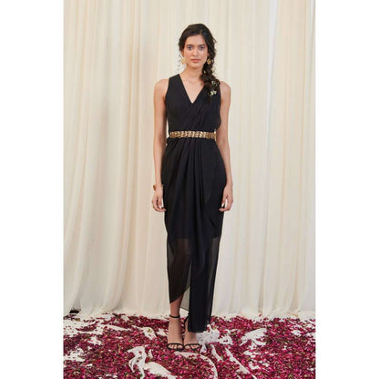 RIRASA Black Cape with V-Neck Georgette Maxi Dress and Belt (Set of 3)