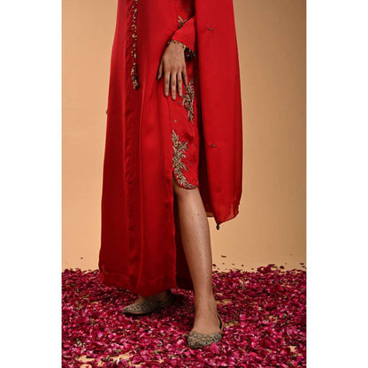 RIRASA Red Tie-Up Neck Maxi Dress with Dupatta (Set of 2)