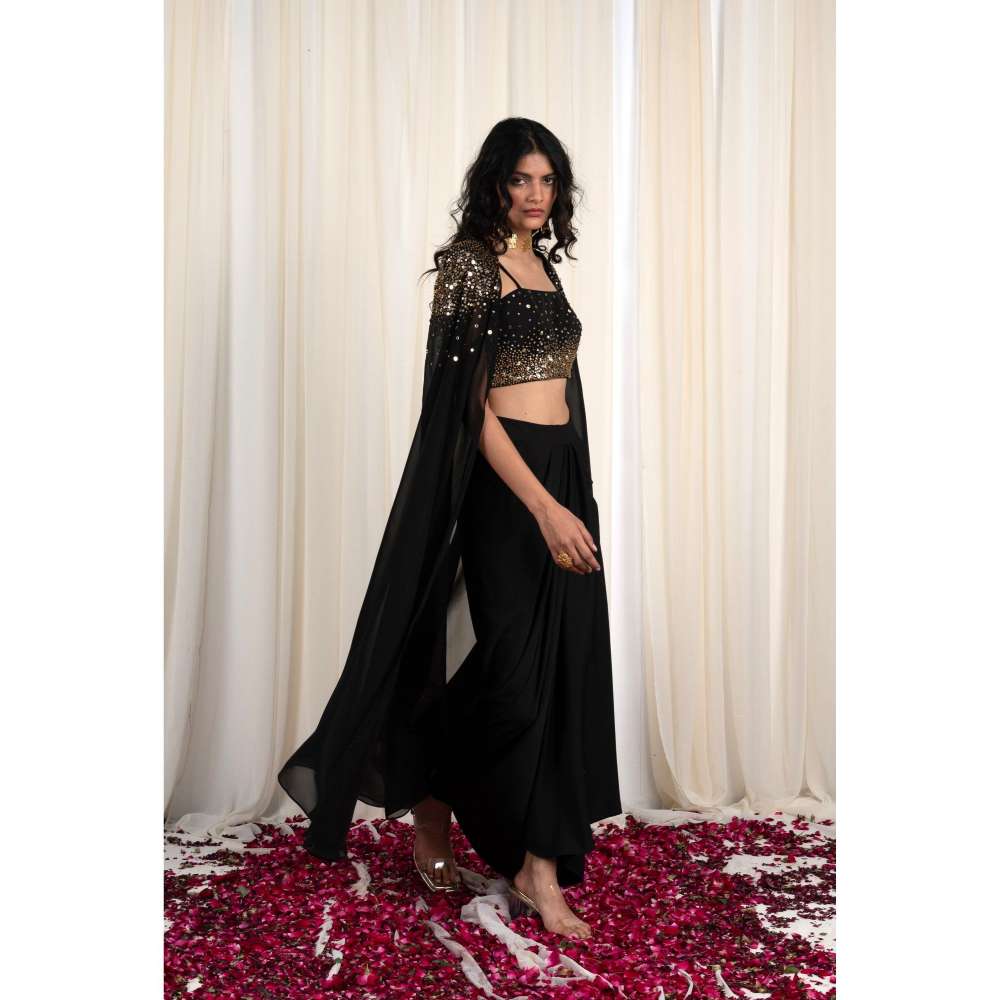 RIRASA Black Skirt with Cape and Embroidered Blouse (Set of 3)