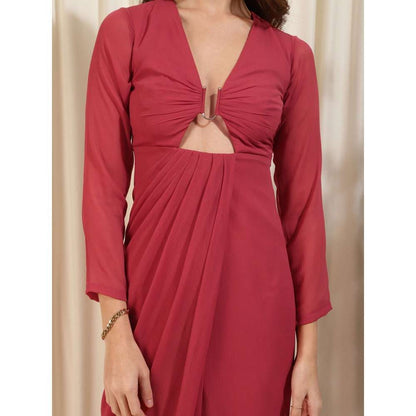 RIRASA Red V Neck Chiffon Maxi Dress