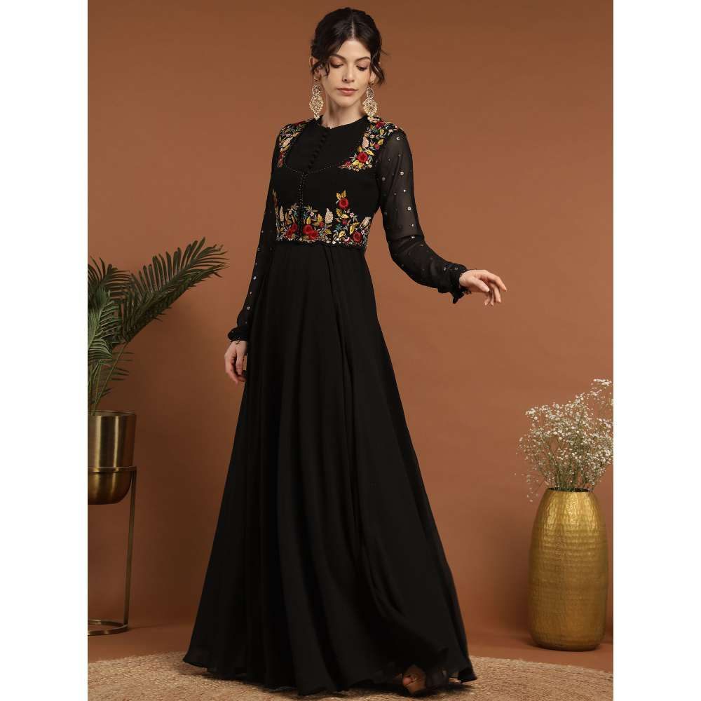 RIRASA Mayura Georgette Black Anarkali with Jacket (Set of 2)