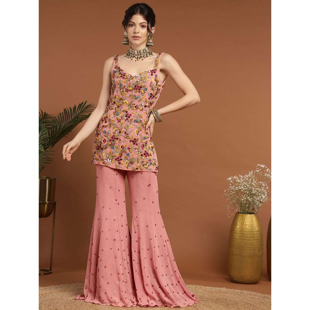 RIRASA Sakshi Georgette Pastel Pink Kurta with Sharara and Dupatta (Set of 3)
