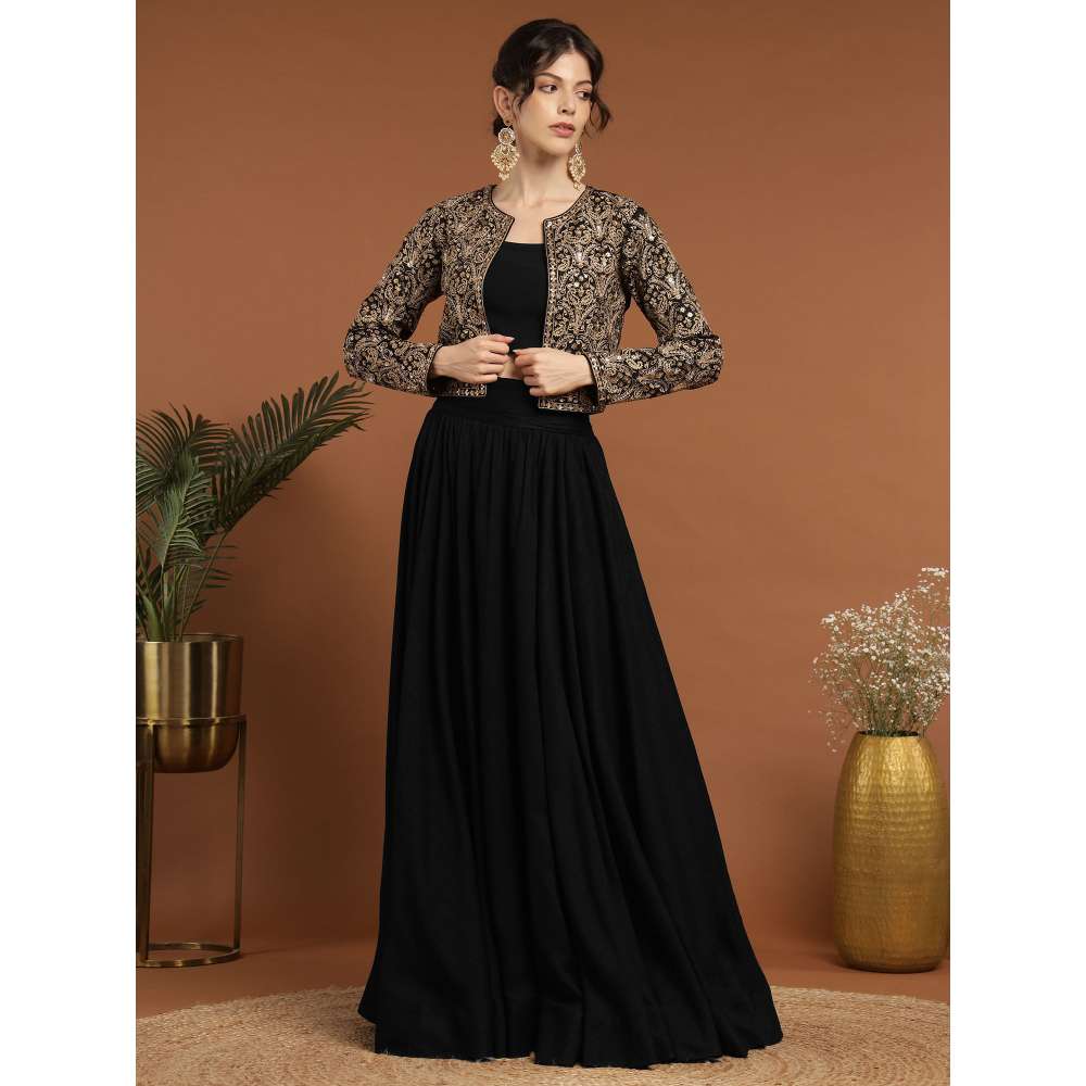 RIRASA Punyah Satin and Silk Black Lehenga with Bustier and Jacket (Set of 3)