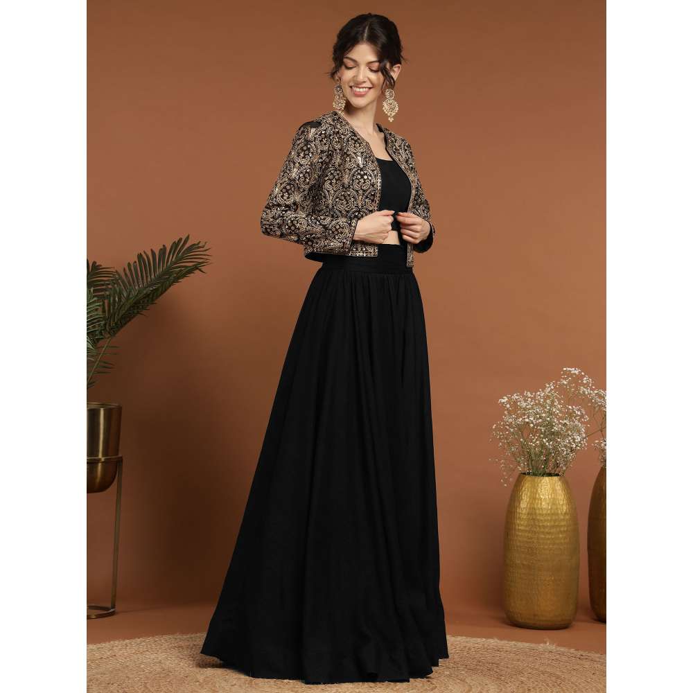 RIRASA Punyah Satin and Silk Black Lehenga with Bustier and Jacket (Set of 3)