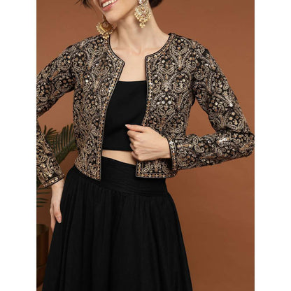 RIRASA Punyah Satin and Silk Black Lehenga with Bustier and Jacket (Set of 3)