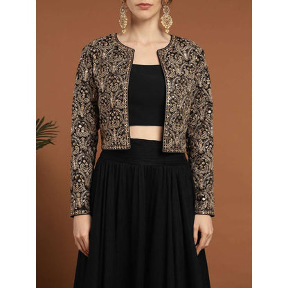 RIRASA Punyah Satin and Silk Black Lehenga with Bustier and Jacket (Set of 3)