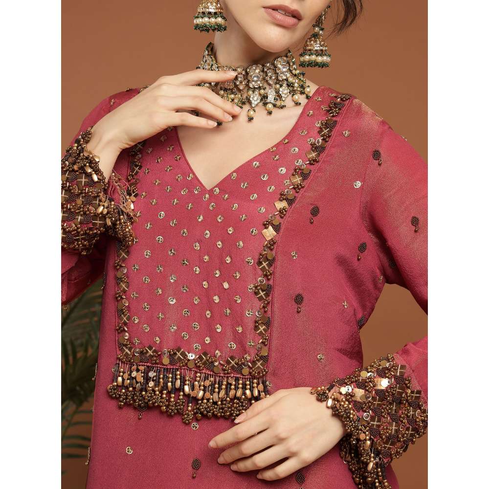RIRASA Shareshhtha Tissue Coral Kurta with Pant (Set of 2)