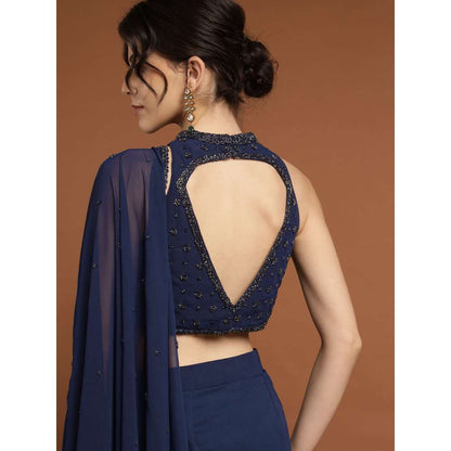 RIRASA Mohnish Georgette and Net Navy Blue Pre-Drape Saree with Stitched Blouse