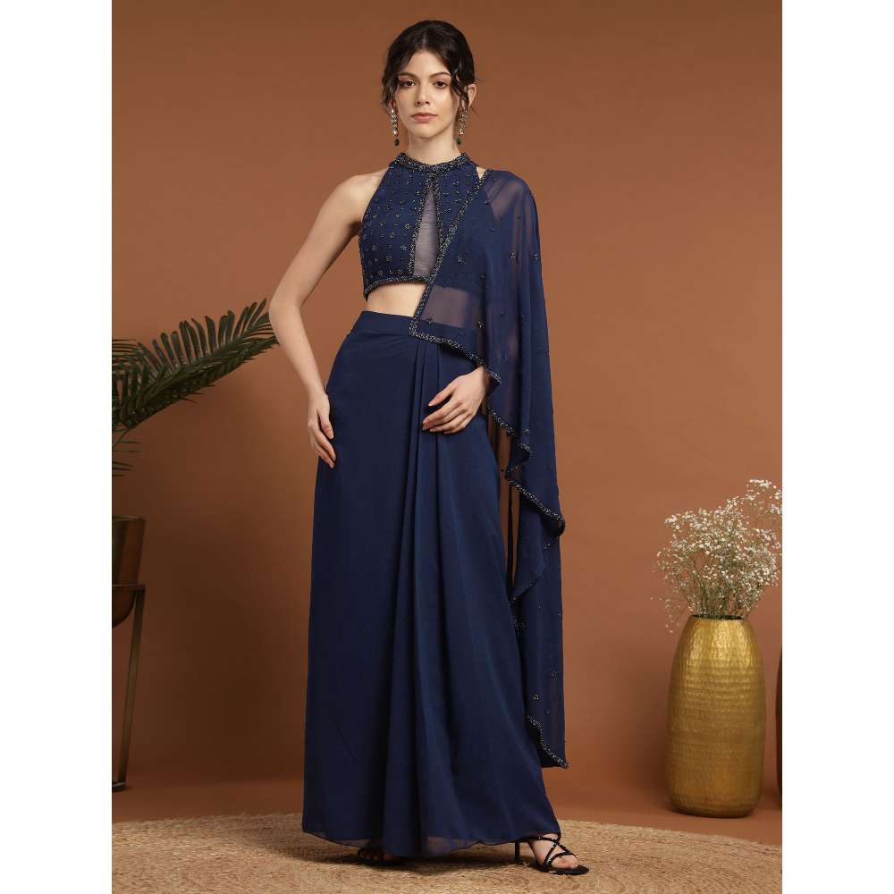 RIRASA Mohnish Georgette and Net Navy Blue Pre-Drape Saree with Stitched Blouse