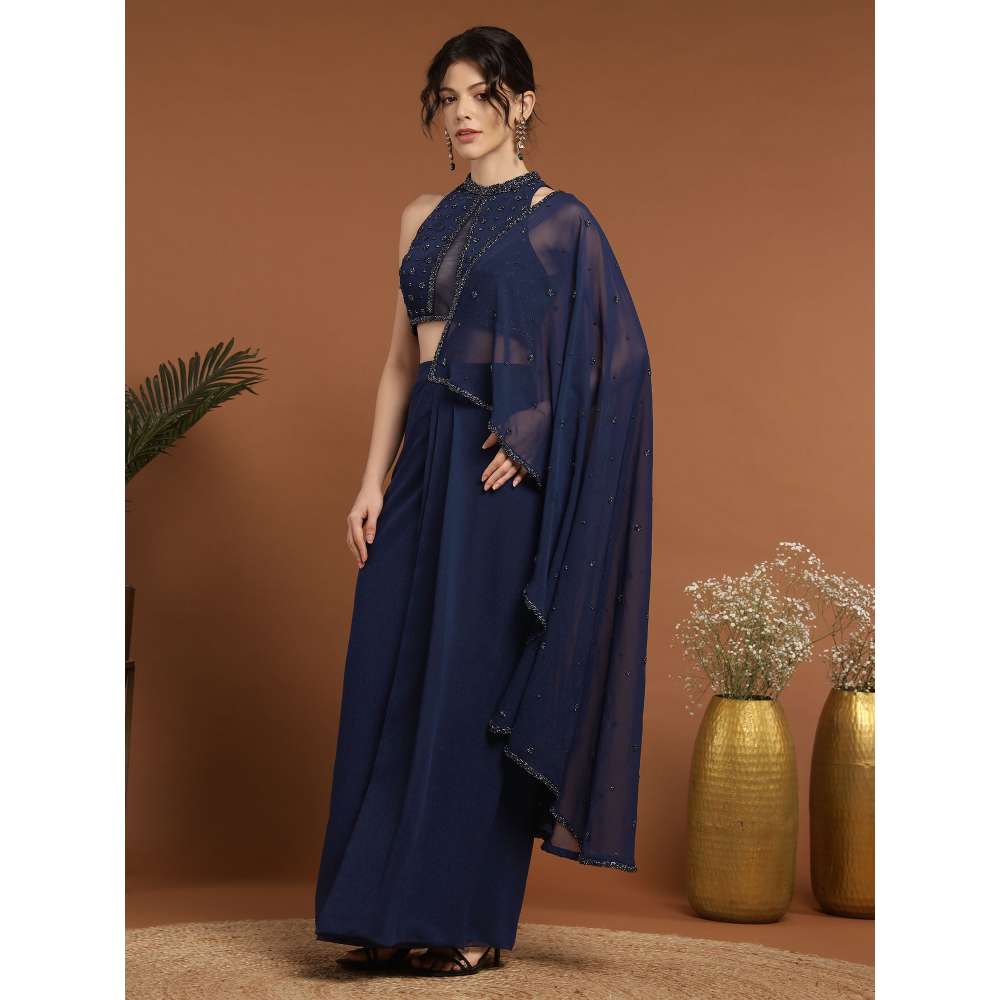 RIRASA Mohnish Georgette and Net Navy Blue Pre-Drape Saree with Stitched Blouse