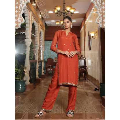 RIRASA Santah Organza Orange Kurta with Pant (Set of 2)