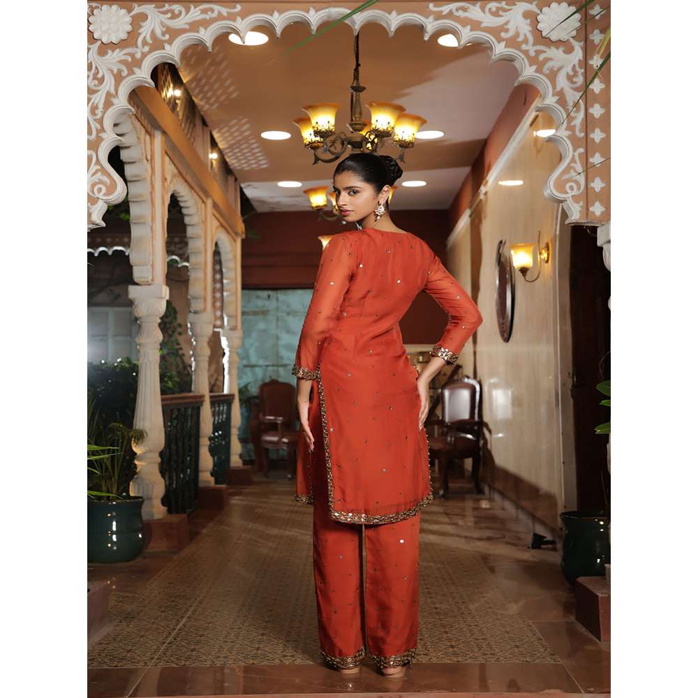 RIRASA Santah Organza Orange Kurta with Pant (Set of 2)