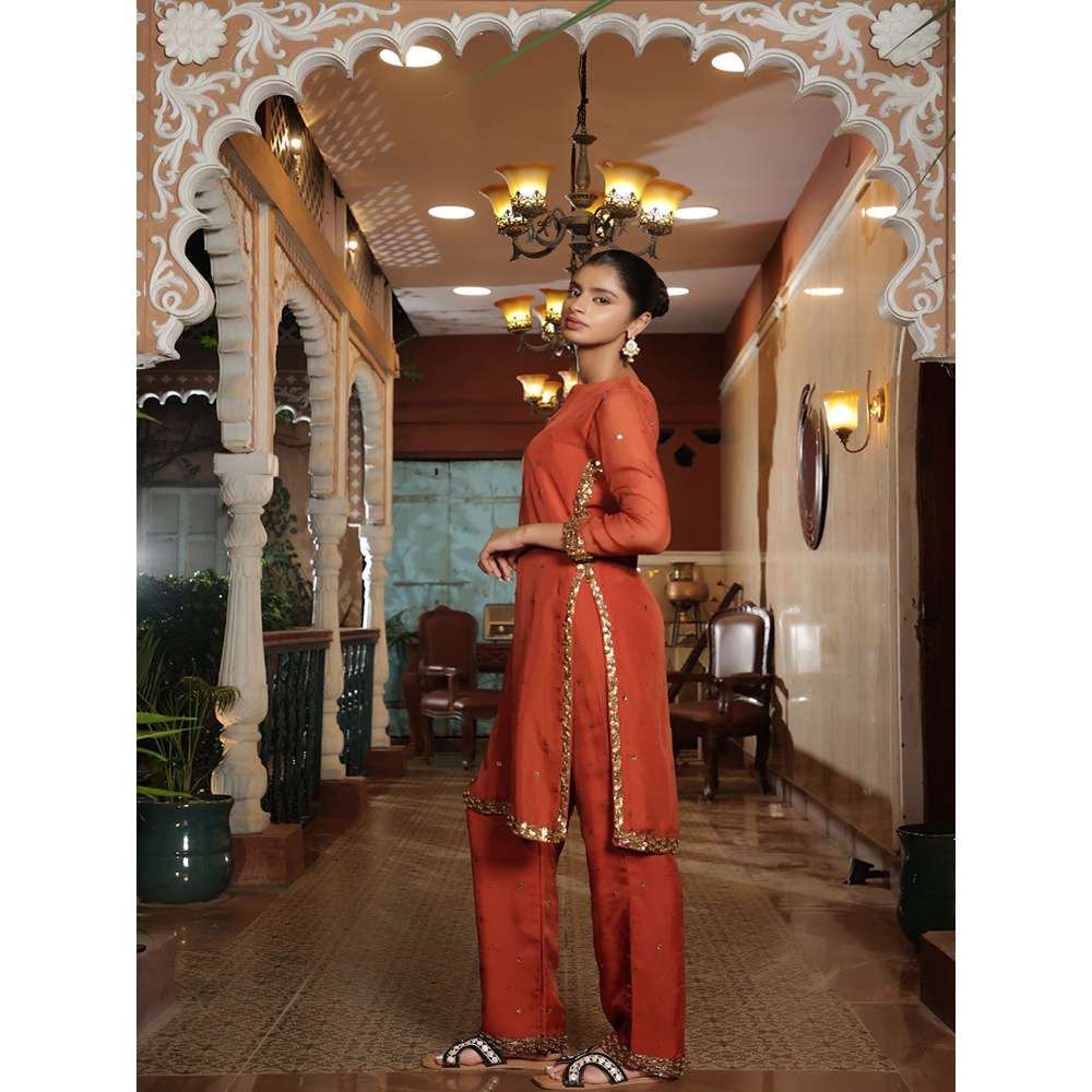 RIRASA Santah Organza Orange Kurta with Pant (Set of 2)
