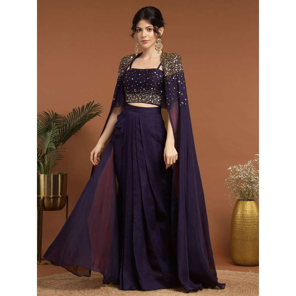 RIRASA Aniruddha Organza Purple Bustier with Drape Skirt and Cape (Set of 3)
