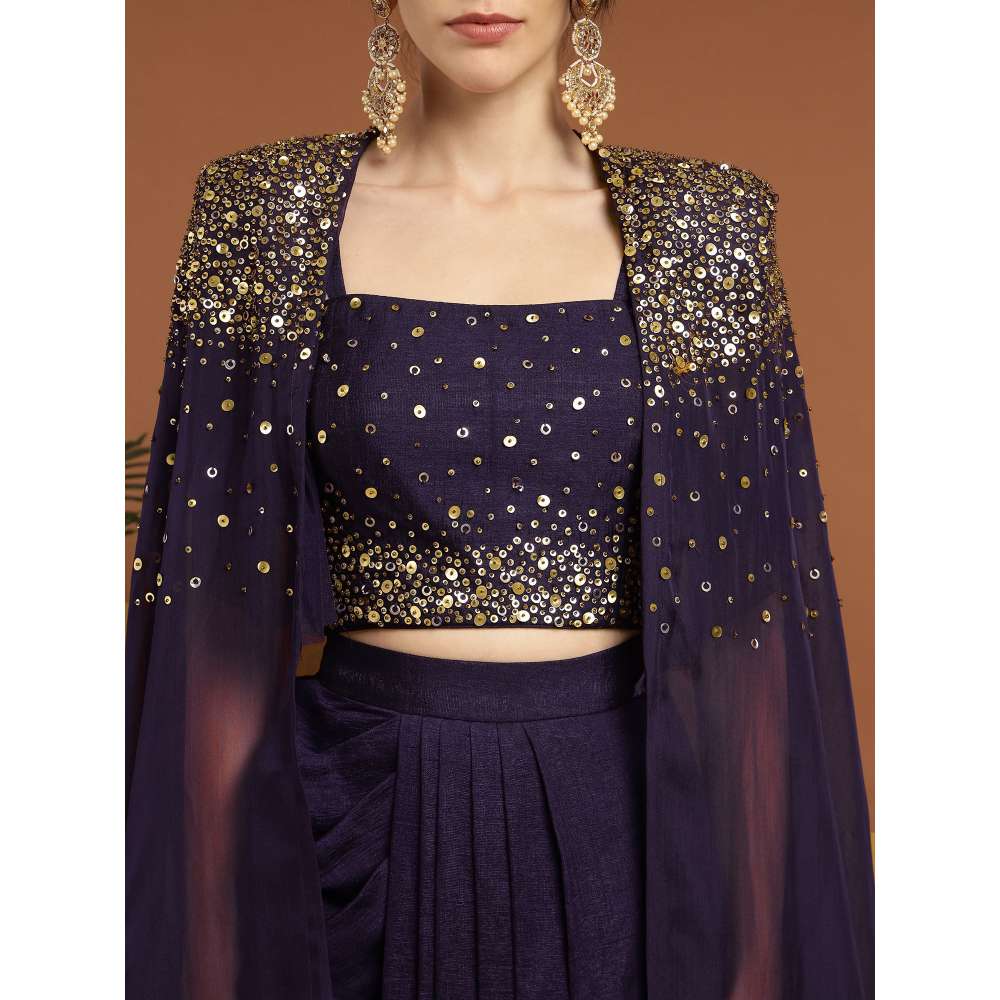 RIRASA Aniruddha Organza Purple Bustier with Drape Skirt and Cape (Set of 3)