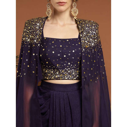 RIRASA Aniruddha Organza Purple Bustier with Drape Skirt and Cape (Set of 3)