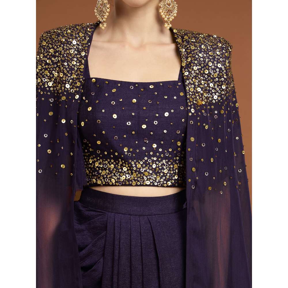 RIRASA Aniruddha Organza Purple Bustier with Drape Skirt and Cape (Set of 3)