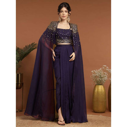 RIRASA Aniruddha Organza Purple Bustier with Drape Skirt and Cape (Set of 3)