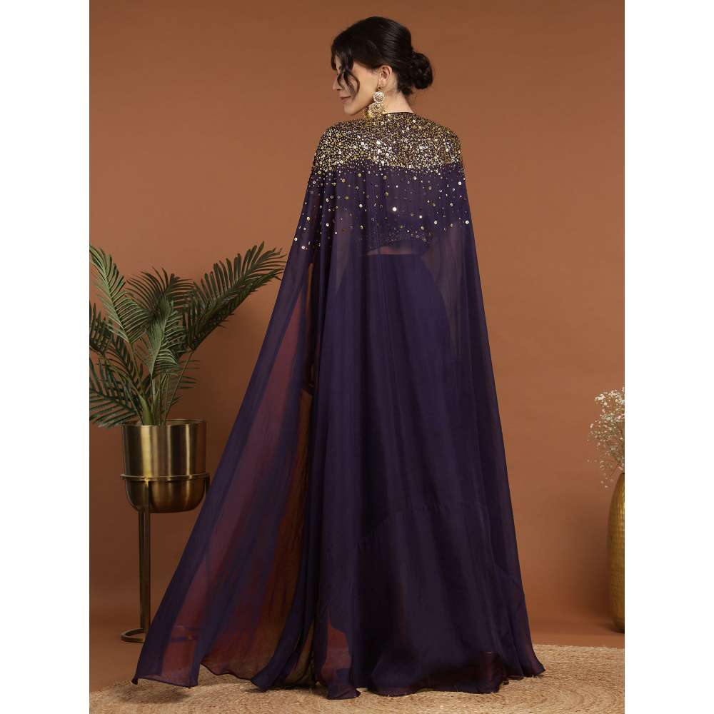 RIRASA Aniruddha Organza Purple Bustier with Drape Skirt and Cape (Set of 3)