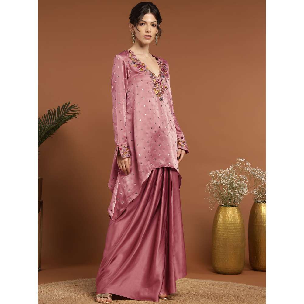 RIRASA Ananta Satin Pastel Pink Kurta with Drape Skirt (Set of 2)