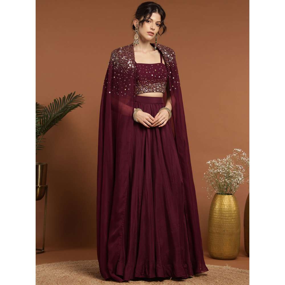 RIRASA Shyam Organza and Net Wine Lehenga with Bustier and Cape (Set of 3)