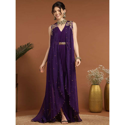 RIRASA Anjana Organza Purple Dress with Belt and Cape (Set of 3)