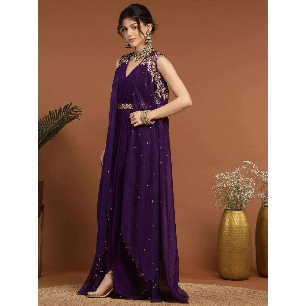 RIRASA Anjana Organza Purple Dress with Belt and Cape (Set of 3)