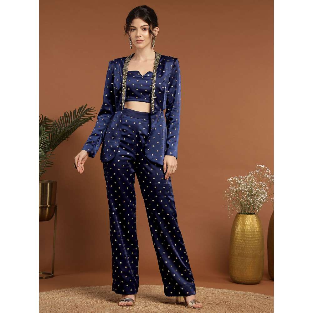 RIRASA Madhava Satin Royal Blue Bustier with Pants and Jacket (Set of 3)