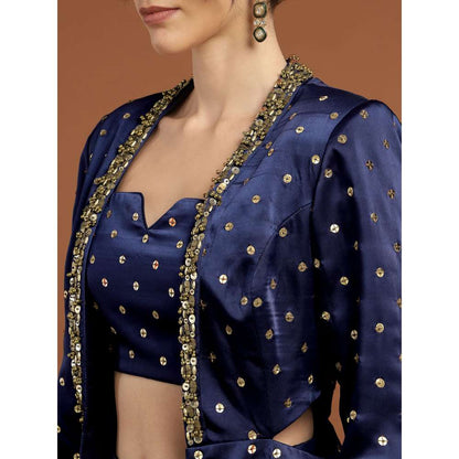 RIRASA Madhava Satin Royal Blue Bustier with Pants and Jacket (Set of 3)
