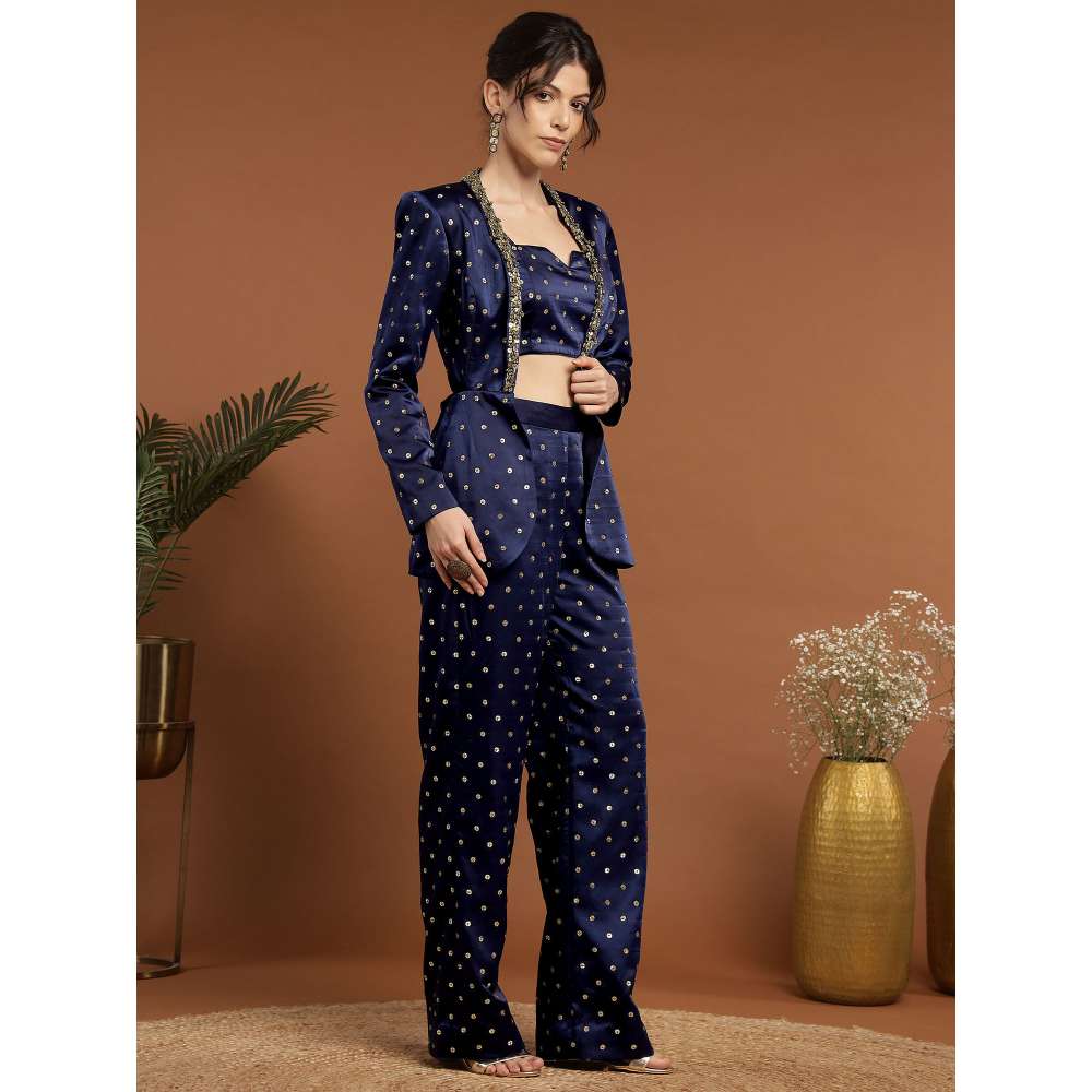RIRASA Madhava Satin Royal Blue Bustier with Pants and Jacket (Set of 3)