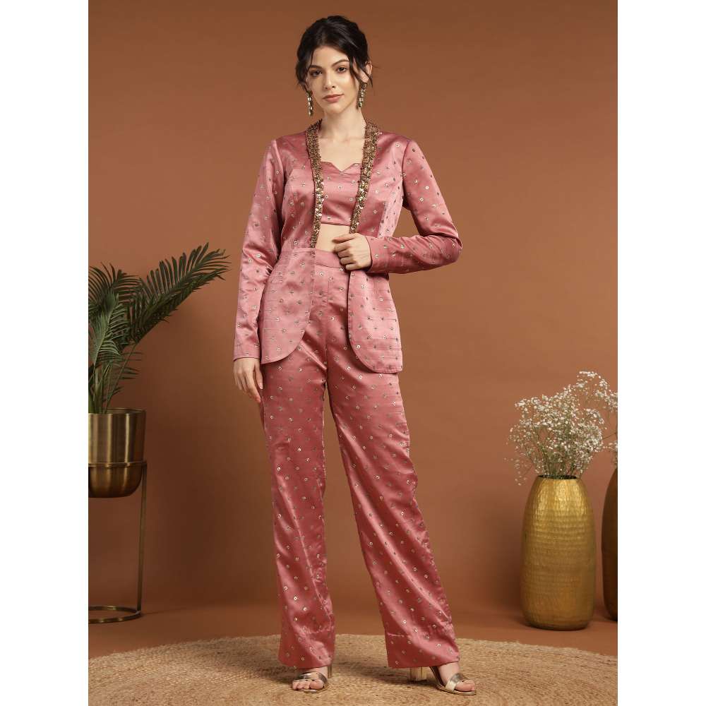 RIRASA Sarujana Satin Pink Bustier with Pants and Jacket (Set of 3)