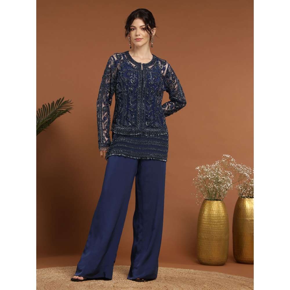 RIRASA Nidhi Net Navy Blue Jacket with Pant and Slip (Set of 3)