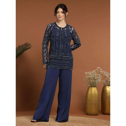 RIRASA Nidhi Net Navy Blue Jacket with Pant and Slip (Set of 3)
